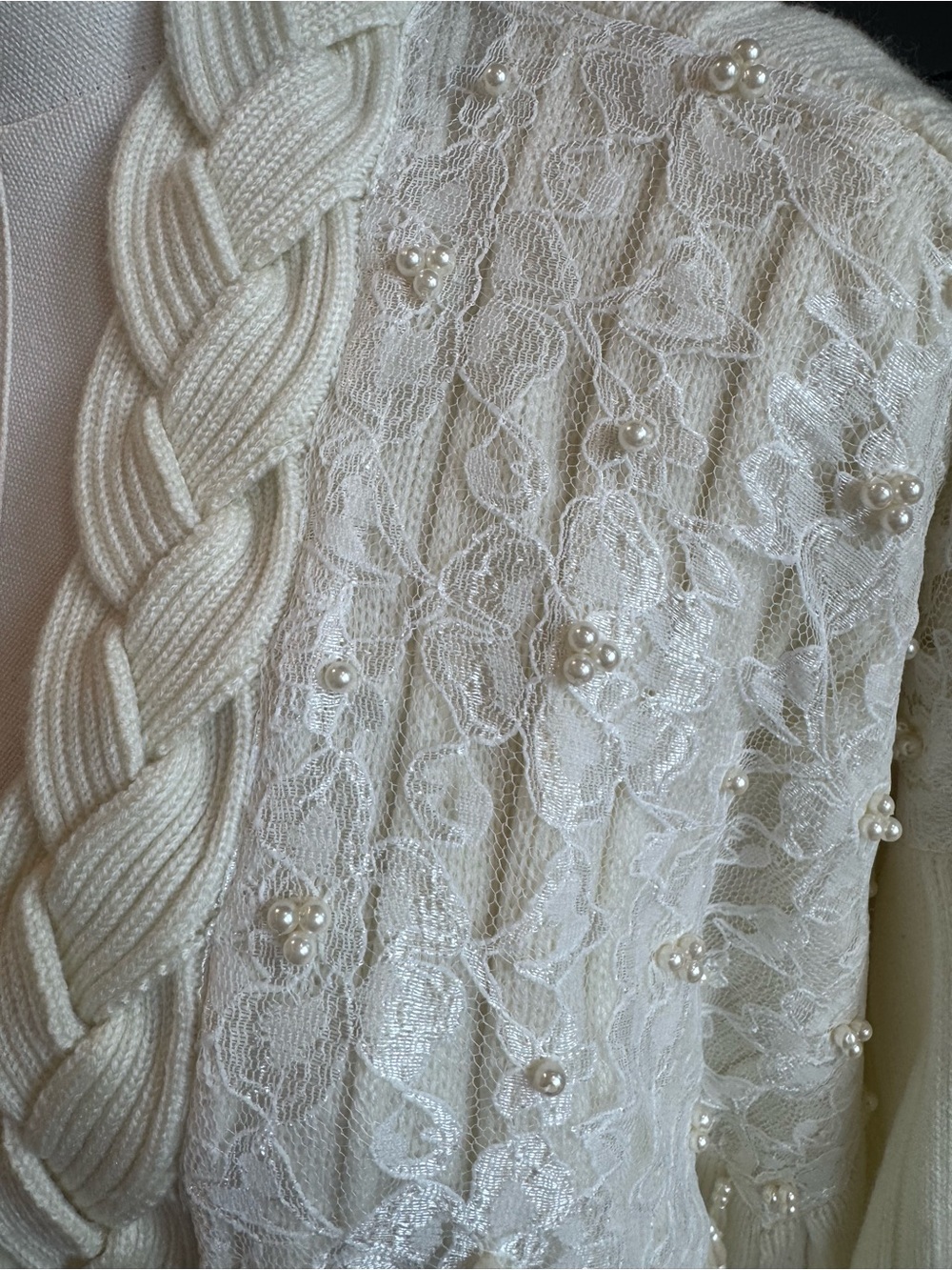 Roaman’s 1X Ivory Braided Shawl Collar Cardigan | Lace Beaded Open Front Sweater - Picture 3 of 8